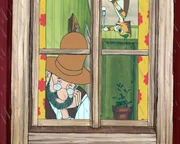 Findus versucht, den schlechtgelaunten Petterson mit kleinen Kunstst&uuml;cken aufzuheitern.