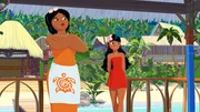 Maeva (l.) und ihre Tochter Timeti (r.) sind verwundert, dass w&auml;hrend der Abwesenheit von Dorfvorsteher Papa Tuanaku ausgerechnet Yann f&uuml;r einen Tag Chef der Insel sein soll.
