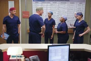 Owen (Kevin McKidd, 2.v.l.) kann nicht verstehen, warum Bailey (Chandra Wilson, 3.v.l.) Dr. Nathan Riggs (Martin Henderson, l.) eingestellt hat, und l&auml;sst sie das auch wissen. Maggie (Kelly McCreary, 3.v.l.), Meredith (Ellen Pompeo, 2.v.r.) und Amelia (Caterina Scorsone, r.) sind irritiert warum Owen so reagiert ...