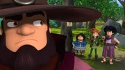 Tuck, Robin Hood und Little John haben den Zauberer in seinem Versteck mit den gestohlenen Sachen erwischt und stellen ihn zur Rede.