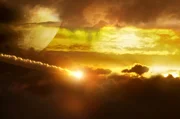 Das Bild stellt die Flugbahn eines Asteroiden beim Eintritt in die Atmosph&auml;re nach.
