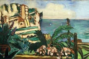 Die &bdquo;Riviera-Landschaft mit Felsen&ldquo; (1942) ist ein Motiv, das Beckmann im Exil malte. Viele Reisebilder in Amsterdam zeigen Erinnerungen an seine freie und genussreiche Reisezeit in den 20er Jahren.