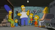 Ahnen nicht, dass sie schon bald aus Springfield versto&szlig;en werden sollen: Homer (3.v.l.), Marge (l.), Bart (3.v.r.), Lisa (2.v.r.), Maggie (2.v.l.) und Grandpa (r.) ...