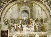 Raphaels &bdquo;Schule von Athen&ldquo;, ein Fresko in den Raffael-S&auml;len des Apostolischen Palasts, Vatikan