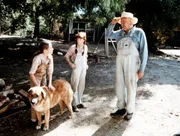 Sam (Will Geer, r.) empfiehlt seiner Enkelin (Kami Cotler, M.) und ihrer neuen Freundin (Tasha Zemrus, l.), dem alten Hund ein wenig Ruhe zu g&ouml;nnen.