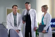 Dr. Roland Heilmann (Thomas R&uuml;hmann, Mitte) hat wider seiner Prinzipien, Dr. Martin Stein (Bernhard Bettermann, links) externe Operationen erlaubt. Leider hat Roland vergessen, Chef&auml;rztin Dr. Kathrin Globisch (Andrea Kathrin Loewig) in seine Entscheidung einzubeziehen. Nun m&uuml;ssen beide vor ihrer Freundin Kathrin Rechenschaft ablegen, denn diese findet Martins Nebent&auml;tigkeit problematisch.