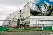 Graffito an der Fassade einer Halle des Kernkraftwerks Tschernobyl. Es soll die friedliche Nutzung der Kernenergie symbolisieren.