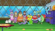 Bunny Wunny (l.), Bubble Bass (5.v.l.), SpongeBob (6.v.r.), Mr. Krabs (4.v.r.)