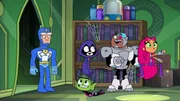 Beast Boy (2.v.l.), Raven (m.), Cyborg (2.v.r.), Starfire (r.)