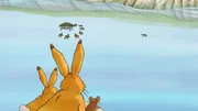 Der kleine Hase beobachtet mit dem gro&szlig;en Hasen und der kleinen Feldmaus die Schildkr&ouml;ten im Fluss.