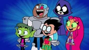 v.li.: Beast Boy, Cyborg, Robin, Raven, Stafire