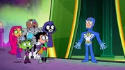 Starfire (l.), Beast Boy (2.v.l.), Cyborg (3.v.l.), Robin (3.v.r.), Raven (2.v.r.)