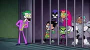 v.li.: The Joker, Robin, Raven, Beast Boy, Starfire, Cyborg