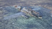 C46 Recon: Das teilweise trockengelegte Wrack des Flugzeugs C46 (ein Frachter aus dem Zweiten Weltkrieg) im Meer vor der Insel Norman's Cay auf den Bahamas. Das Wrack zeigt das Flugzeug in seinem jetzigen Zustand.