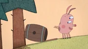 Das Ferkel hat endlich ein geniales Versteck gefunden: Ein Fass mit Deckel. Hierin versteckt werden es seine Freunde ganz sicher nicht finden.