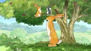 Der gro&szlig;e und der kleine braune Hase treffen das kleine Graunh&ouml;rnchen.