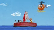 Lily treibt aufs Meer und ruft um Hilfe. Jette und Salty eilen im Hubschrauber zur Rettung.