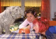 Rita (Gaby K&ouml;ster, r.) hat den verw&ouml;hnten Hund der Eheleute Schumann in Pflege. Er muss Yoga&uuml;bungen machen, darf beim Fernsehen nicht einschlafen und muss blanchierte M&ouml;hren essen. Also haben sich Rita und Gisi (Franzika Traub) studenlang in die K&uuml;che gestellt, Kartoffeln gekocht und M&ouml;hren blanchiert. Doch der bekloppte Hund will nicht essen...
