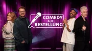 Key Visual/Cover Sendereihenbild mit Typo zu "Comedy auf Bestellung" Staffel 1. Bei "Comedy auf Bestellung" besuchen Comedians au&szlig;ergew&ouml;hnliche Vereine und verarbeiten ihre Erlebnisse in einem Stand-up, den sie dem jeweiligen Verein pr&auml;sentieren. Von links: Lisa Feller, Maxi Gstettenbauer, Simon Pearce und Michael Mittermeier.