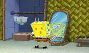 Spongebob posiert schon einmal vor dem Spiegel, denn er erwartet die Bef&ouml;rderung zum Manager der Krossen Krabbe 2, einer Filiale von Mr. Krabs' Restaurant ...