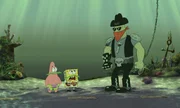 Der brutale Schl&auml;ger Dennis (r.) wird von dem fiesen Schurken Plankton engagiert, um Patrick (l.) und Spongebob (M.) aufzuhalten ...