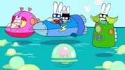 In ihren Raumschiffen inspizieren Super-Lou (links), Superhase, Captain Hase und Super-Ferdi (rechts) den verschmutzen Ozean und entdecken, dass viele Meeresbewohner in merkw&uuml;rdigen Blasen gefangen sind.