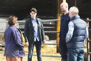 DCI Vera Stanhope (Brenda Blethyn) und ihr Assistent DS Aiden Healy (Kenny Doughty; 2.v. links) befragen Danny Pryor (Mark Bonnar; 1.v. rechts) und seinen Mitarbeiter Milosh Beqiri (Velibor Topic; 2.v. rechts) auf der Farm.