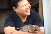 Tierarzt Hai hat Schuppentier Kim von Hand gro&szlig;gezogen. Daher sucht der sonst sehr scheue Pangolin seine N&auml;he. Ausgewildert werden kann er nicht mehr.