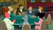 v.li.: Dr. Zoidberg, Professor Farnsworth, Hermes, Bender, Scruffy, Amy, Fry