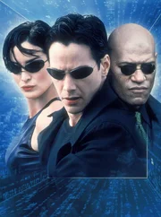 Trinity (Carrie-Anne Moss), Neo (Keanu Reeves, M.) und Morpheus (Laurence Fishburne) k&auml;mpfen f&uuml;r die Freiheit der Menschen und gegen die Diktatur der Maschinen.