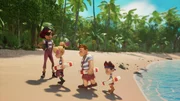 Piratenausbilderin Ella S&auml;belrost (l.) hat umsonst auf den Sieg ihrer "Barracudas" Erika (2.v.l.), Conan (2.v.r.) und Raul (r.) beim Wettsegeln gehofft.