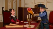 Der Wikinger (r.) versucht Milady auszustechen und Richelieus (l.) krimineller Partner zu werden. Hier pr&auml;sentiert er ihm geschmuggelten kostbaren Schinken aus Spanien.