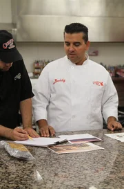 The boys plan out the biltong cake.