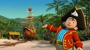 K&auml;pt&rsquo;n Sharky pr&auml;sentiert voller Stolz sein Piratenschiff, die &bdquo;Shark&ldquo;.
