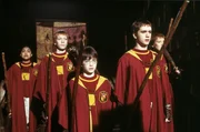 Das Quidditch-Team von Gryffindor: Lee Jordan (Luke Youngblood, li), George und Fred Weasley (James und Oliver Phelps, 2.v.li und 1.v.re), Harry Potter (Daniel Radcliffe, Mi.) und Oliver Wood (Sean Biggerstaff, 2.v.re.).