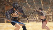 A 2D CGI shows Retiarius gladiator fighting a Secutor gladiator in the arena.