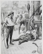 Die Tötung von Blackbeard durch Leutnant Robert Maynard. Aus: Buccaneers and Pirates of our Coasts, New York, 1898. Die Tötung von Blackbeard durch Leutnant Robert Maynard. Aus: Buccaneers and Pirates of our Coasts, New York, 1898.