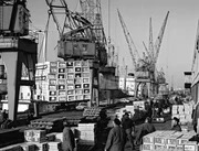 Hansahafen Anfang der 70er Jahre: Orangen und Zitronen werden noch immer in kleinen Kisten gel&ouml;scht (Szene aus 'Unsere Geschichte - Hamburg, mein Hafen').
