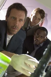 Nachdem der Handwerker Alfredo vom Dach gest&uuml;rzt ist, verf&auml;rben sich seine Finger auff&auml;llig blau. Dr. Gregory House (Hugh Laurie, l.), Dr. Robert Chase (Jesse Spencer, M.) und Dr. Eric Foreman (Omar Epps, r.) versuchen der Ursache auf den Grund zu gehen.
