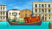 Ollie, Moon und Stanley auf einem Boot in Venedig.