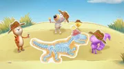 Als Dinosaurierexperten graben Ozzy (links), Dylan, Bitsy und Daisy (rechts) das Skelett eines Dinosauriers aus. Der Saurier tr&auml;gt Ozzys M&uuml;tze; die Freunde nennen die Spezies "Ozzysaurus".