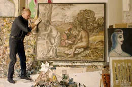 J&uuml;rgen B&ouml;ttcher alias Strawalde mit seinem Gem&auml;lde NACH GIORGIONE (1954)