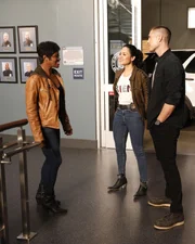 L-R: Talia Bishop (Afton Williamson), Angela Lopez (Alyssa Diaz) and Tim Bradford (Eric Winter).