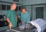 Gerichtsmediziner Dr. Duhler (Klaus Schindler, li.) erkl&auml;rt Kommissar Kehler (Wolfgang Bathke), was die Obduktion der verbrannten Leiche ergeben hat.