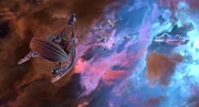 Der Flug durch das Weltall mit dem Schlitten des Sandmanns ist f&uuml;r Peter und den Sumsemann eine faszinierende Erfahrung.