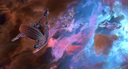 Der Flug durch das Weltall mit dem Schlitten des Sandmanns ist f&uuml;r Peter und den Sumsemann eine faszinierende Erfahrung.