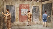 2D-CGI von Malern im bemalten Raum des Hauses der Maler bei der Arbeit in Pompeji, Italien.