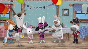 Pelle, Lily, Jette, Lord von Hirsch, Fl&ouml;ckchen, Rosalie, Nonna und Salty feiern eine gro&szlig;e Party im Muschelcaf&eacute;, nur Barne fehlt noch.