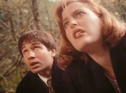 Mulder (David Duchovny, l.) und Scully (Gillian Anderson, r.) k&ouml;nnen gerade noch verhindern, dass der Entf&uuml;hrer sein Opfer im Fluss ertr&auml;nkt.