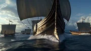 Eine Gruppe h&ouml;lzerner Schiffe mit gro&szlig;en Segeln f&auml;hrt durch das unruhige Meer.